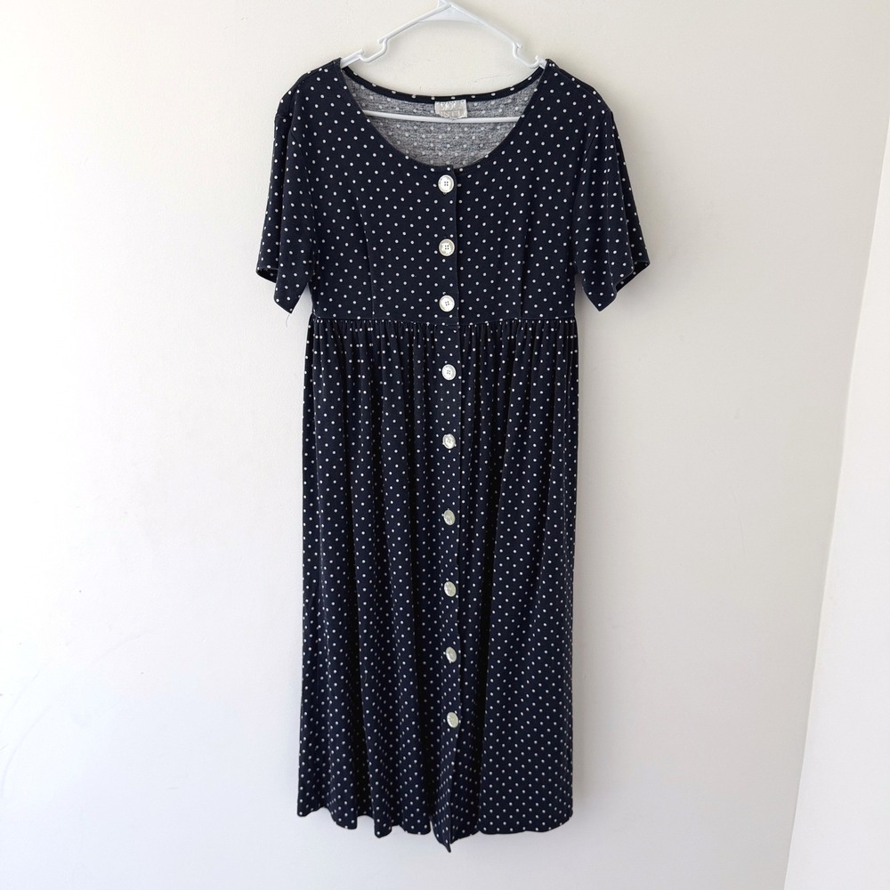 Vintage Polka Dot Button Front Dress S Navy Blue Art Teacher Twee